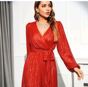 Surplice Neck Belted Sequin A-Line